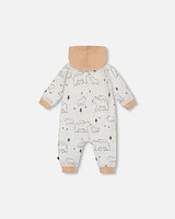 Organic Cotton Hooded Jumpsuit Gray Mix Printed Bears