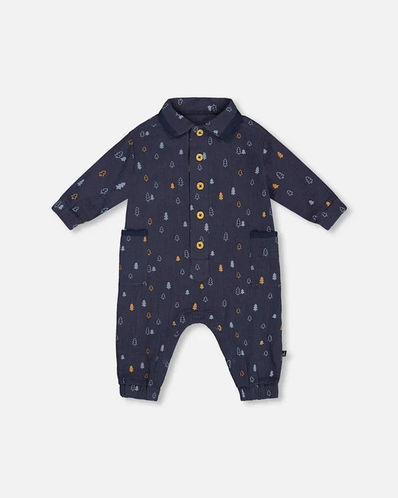 Printed Muslin Jumpsuit Blue With Pine