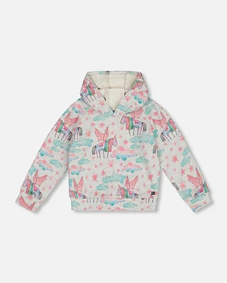 Printed Shiny French Terry Hoodie Gray Mix Unicorn