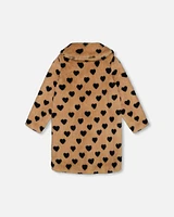 Faux Fur Long Coat Caramel Printed Heart