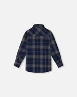 Button Down Flannel Shirt With Pocket Plaid Navy And Gray