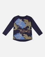 Raglan T-Shirt With Dinosaur Print Navy