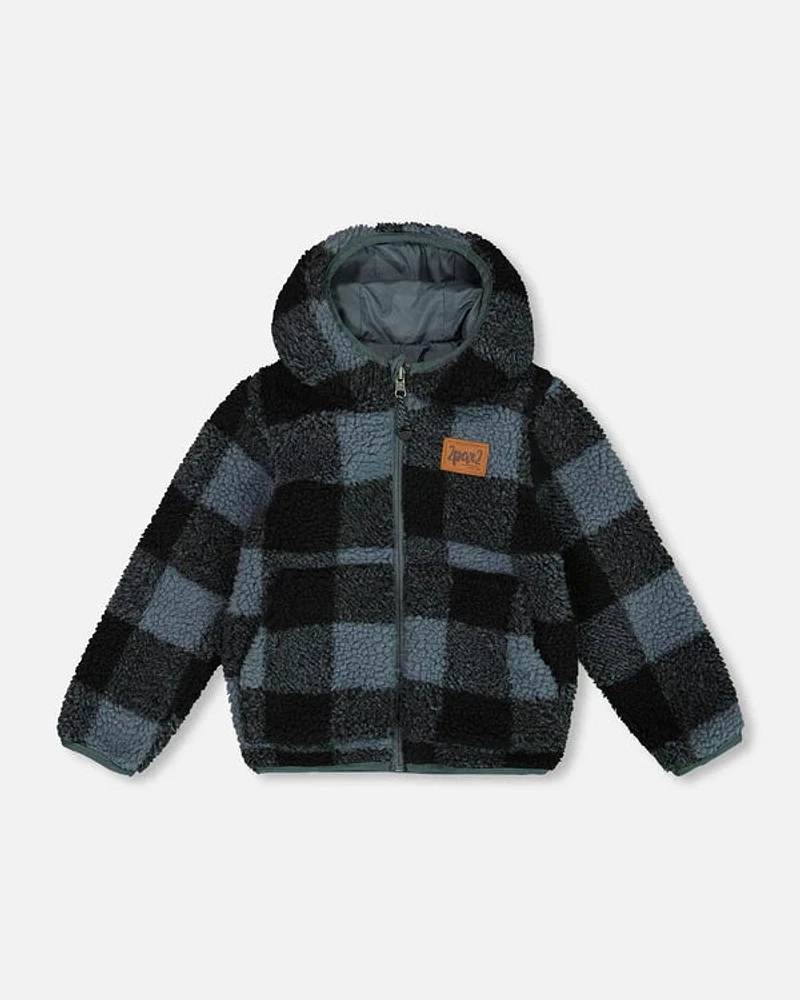 Reversible Sherpa Jacket Blue And Black Plaid