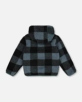 Reversible Sherpa Jacket Blue And Black Plaid