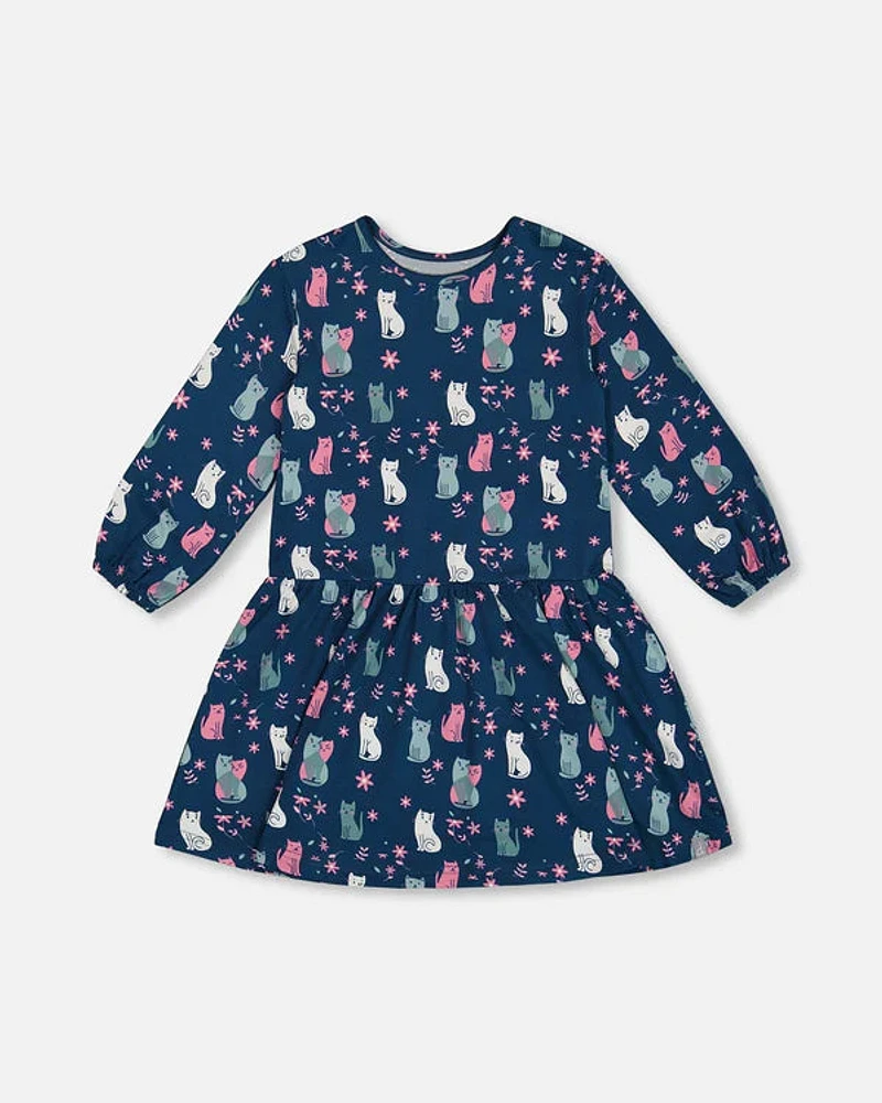 Printed Long Sleeve Dress Navy Blue With Kitten