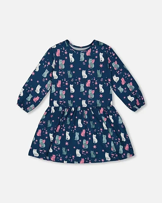 Printed Long Sleeve Dress Navy Blue With Kitten