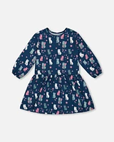 Printed Long Sleeve Dress Navy Blue With Kitten