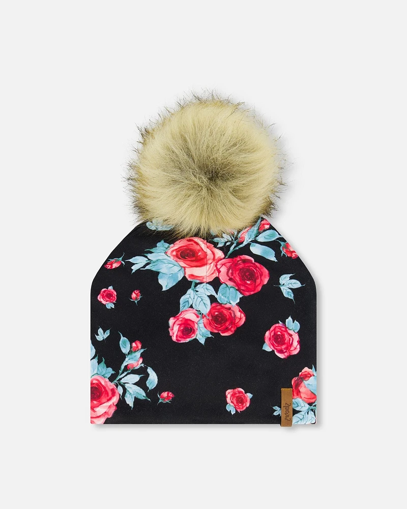 Jersey Detachable Pompom Hat Black Printed Roses