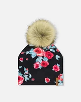 Jersey Detachable Pompom Hat Black Printed Roses