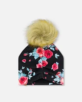 Jersey Detachable Pompom Hat Black Printed Roses