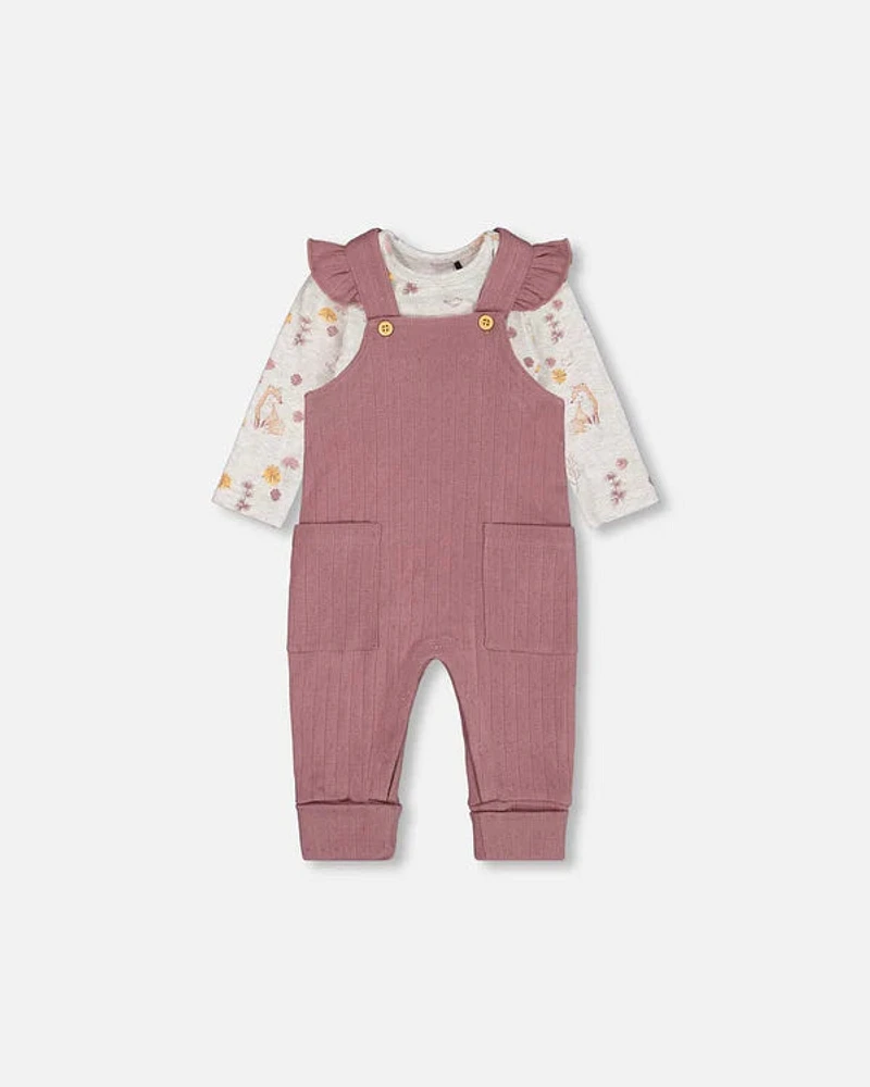 Printed Organic Cotton Onesie And Pointelle Overall Set Woodrose