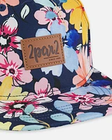 Printed Cap Navy And Yellow Pink Flowers