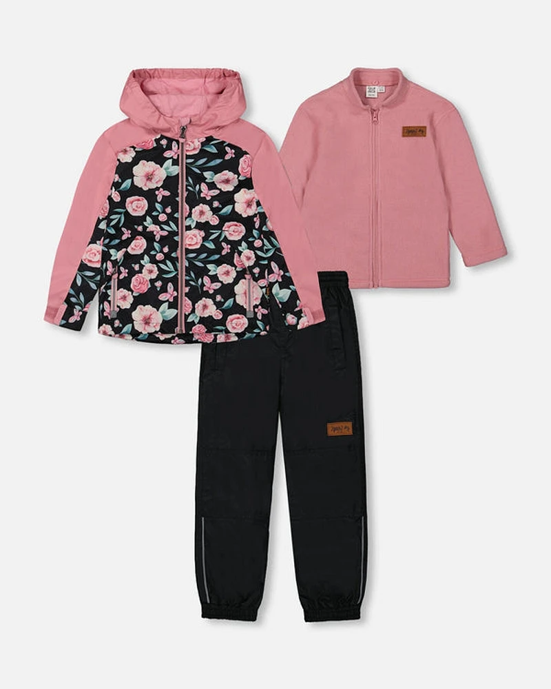 3-In-1 Mid-Season Outerwear Set With Printed Jacket Pink, Black, And Flowers