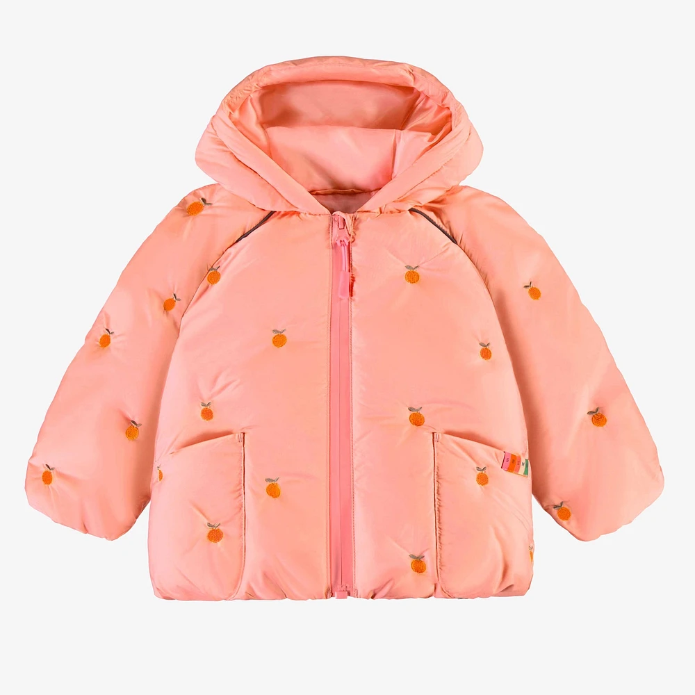 PINK HOODED PUFFER COAT WITH EMBROIDERY, BABY