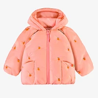 PINK HOODED PUFFER COAT WITH EMBROIDERY, BABY