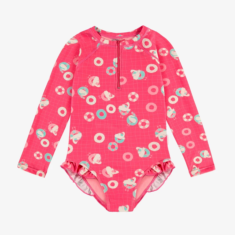 PINK ONE PIECE SWIMSUIT WITH FLAMINGO ALL OVER PRINT, CHILD