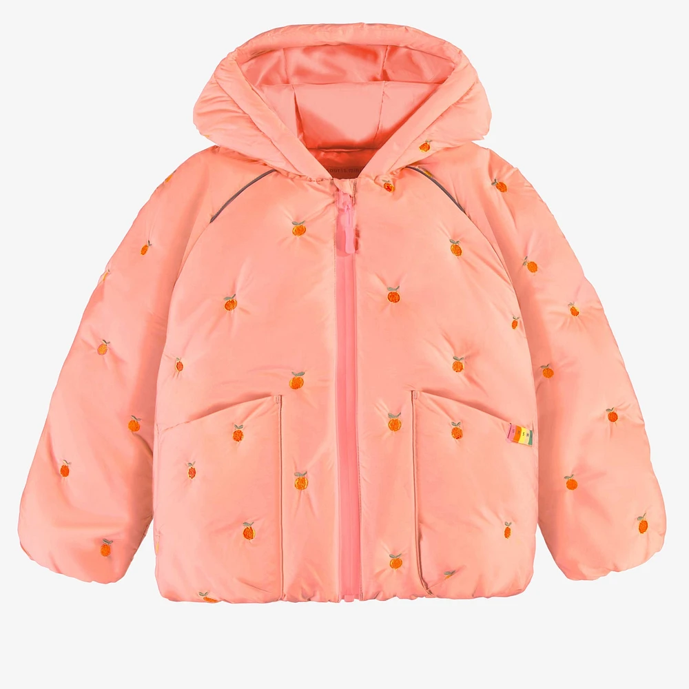 PINK HOODED PUFFER COAT WITH EMBROIDERY, CHILD