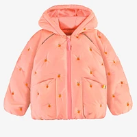 PINK HOODED PUFFER COAT WITH EMBROIDERY, CHILD