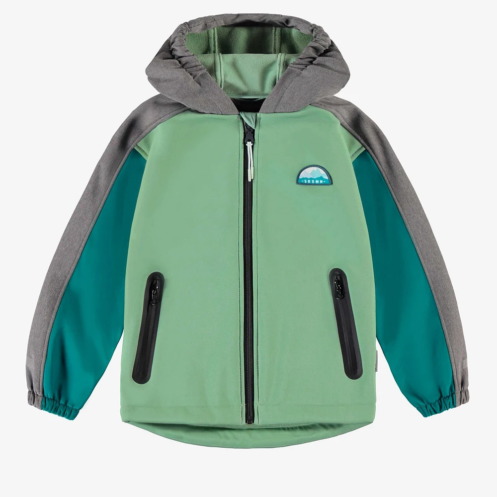 GREEN, TURQUOISE AND GREY HOODED COAT SOFT SHELL, CHILD