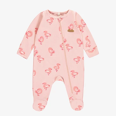 PINK ONE PIECE PAJAMAS STRETCH JERSEY WITH FLAMINGO ALL OVER PRINT, NEWBORN