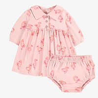 PINK DRESS AND BLOOMER STRETCH JERSEY WITH FLAMINGO ALL OVER PRINT, NEWBORN