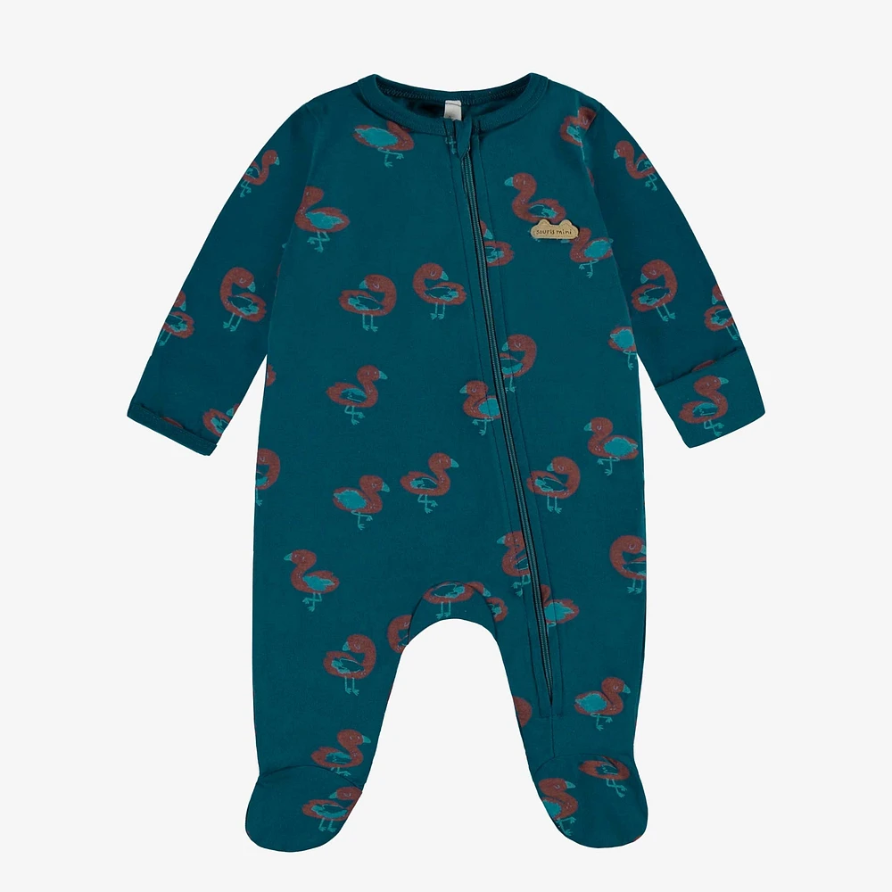 TURQUOISE ONE-PIECE PAJAMAS STRETCH JERSEY WITH FLAMINGO ALL OVER PRINT, NEWBORN