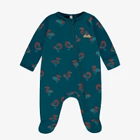 TURQUOISE ONE-PIECE PAJAMAS STRETCH JERSEY WITH FLAMINGO ALL OVER PRINT, NEWBORN