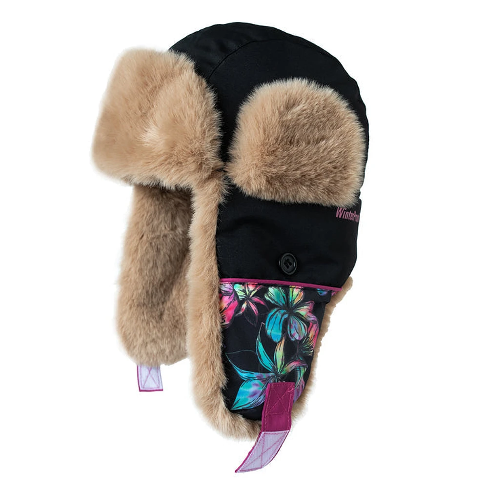 Floral Tie Dye Black Faux Fur Trapper Hat