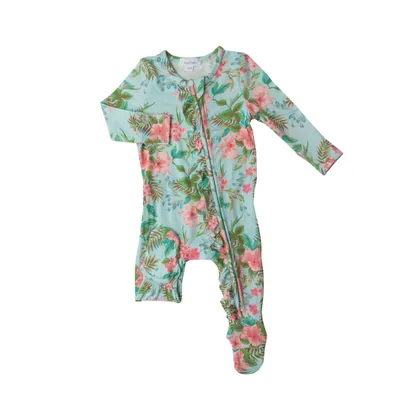 Ruffle Front Zipper Footie - Vintage Hibiscus