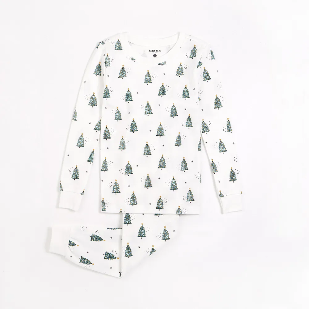 Festive Trees Print on Off-White PJ Set (2 pcs.)