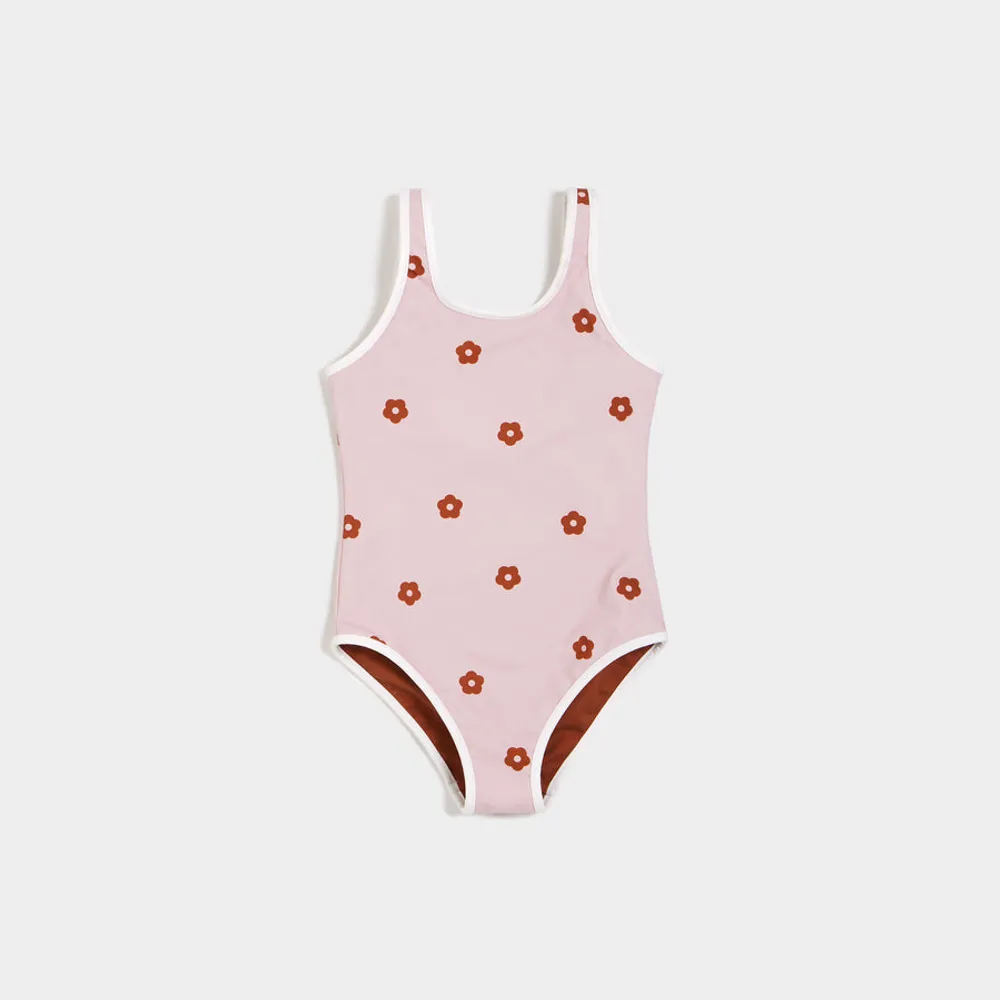 Flower Power Print on Blush Reversible Swimsuit