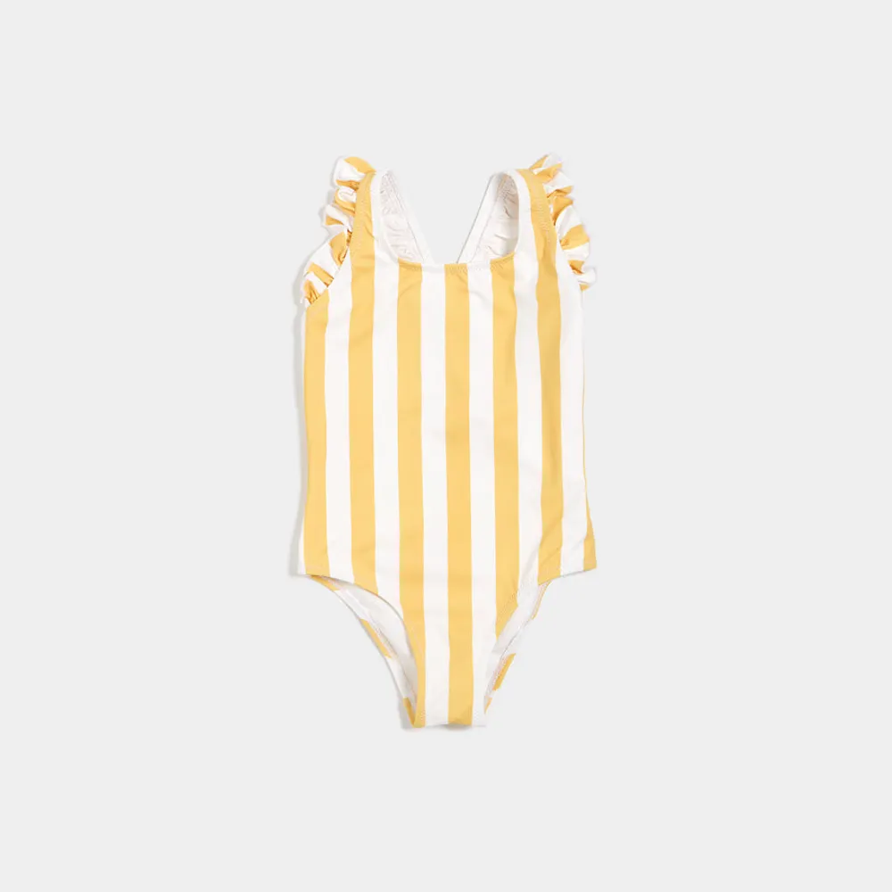 Sunny Yellow Stripe Ruffle-trim Swimsuit