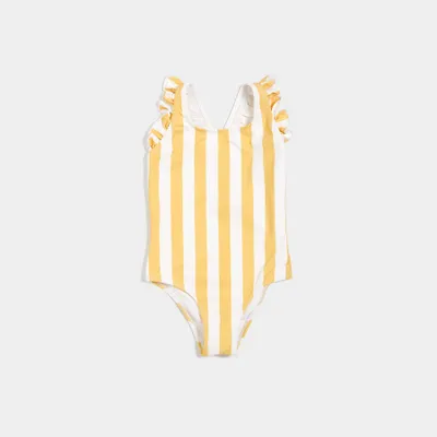 Sunny Yellow Stripe Ruffle-trim Swimsuit