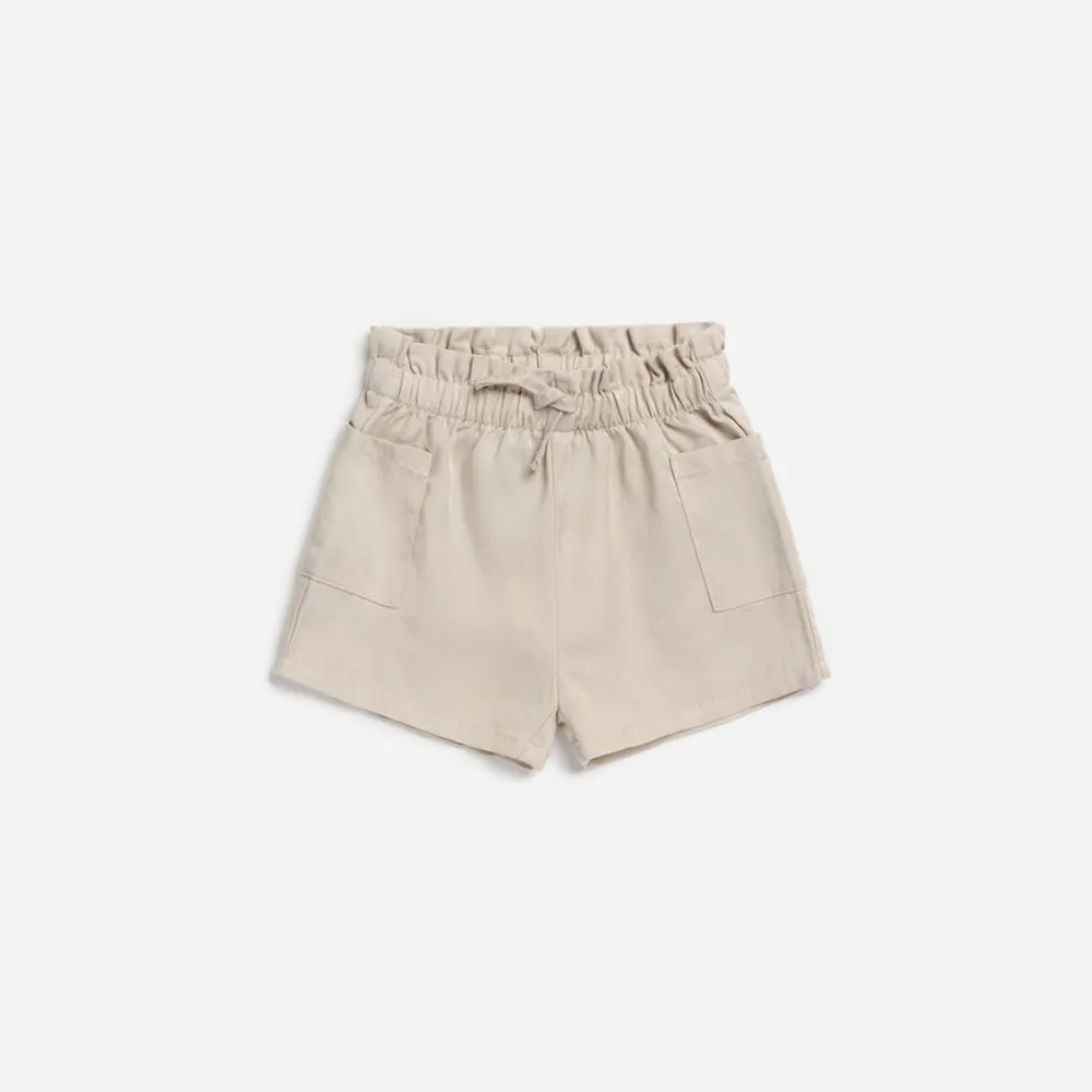 Beige Woven Lyocell Paperbag Waist Shorts