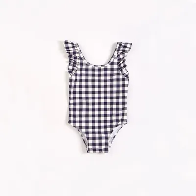 Navy Gingham Ruffle-trimmed Swimsuit