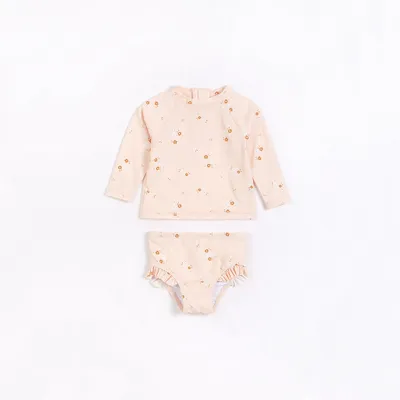 Floral Print on Blush Ruffle-trimmed Swim Set (2 pcs.)