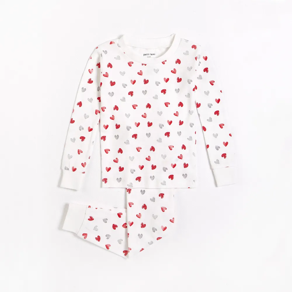 Hearts Print on Off-White PJ Set