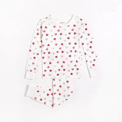 Hearts Print on Off-White PJ Set