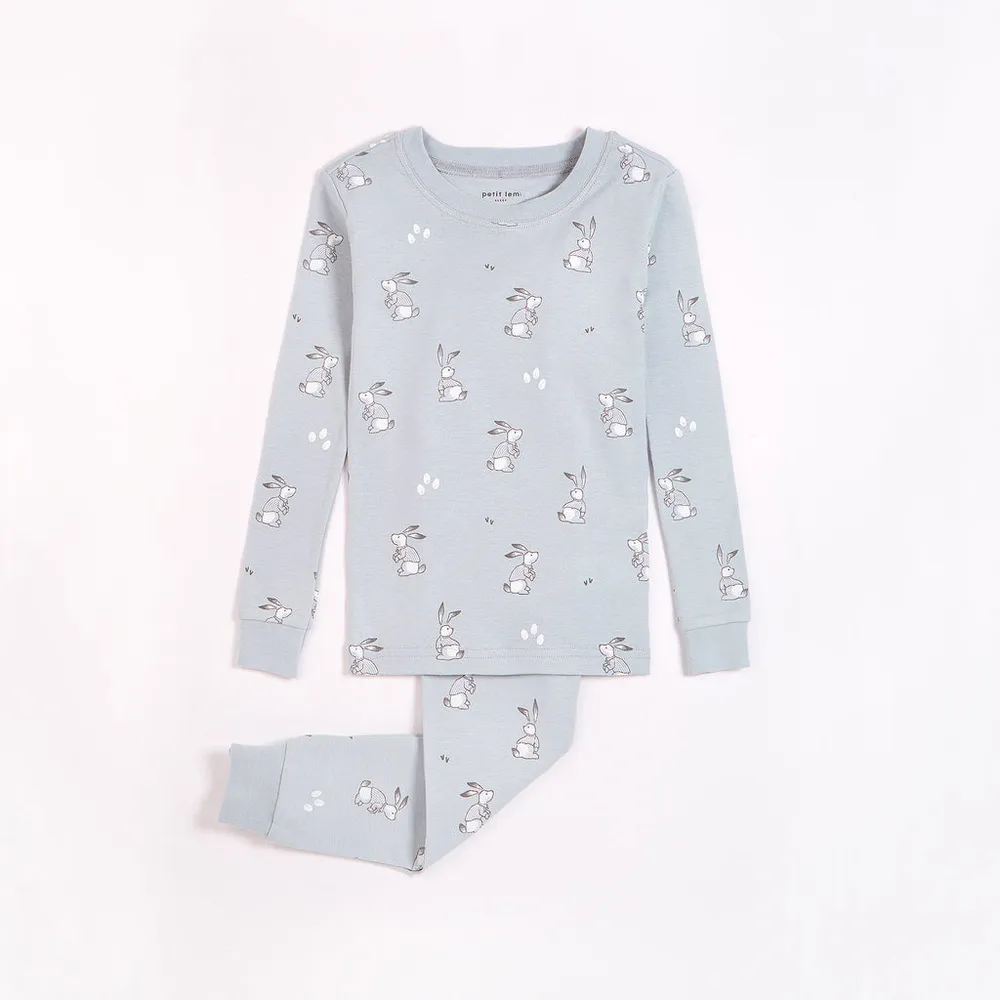 Bunny Print on Light Blue Infant PJ Set