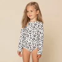 Cheetah Print Ruffle-trim Long Sleeve Swimsuit