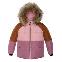 Colorblock Hooded Faux-Fur Winter Puffer Parka Pink and Brown