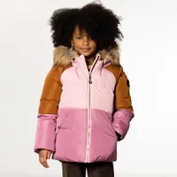 Colorblock Hooded Faux-Fur Winter Puffer Parka Pink and Brown