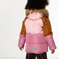 Colorblock Hooded Faux-Fur Winter Puffer Parka Pink and Brown