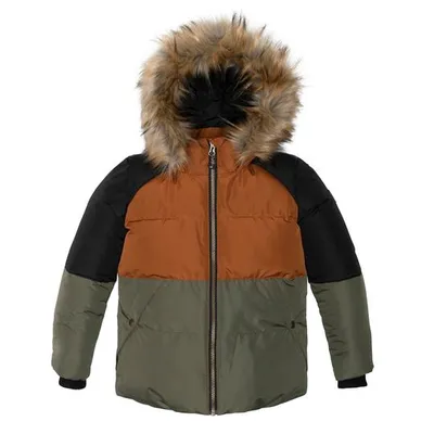 Colorblock Hooded Faux-Fur Winter Puffer Parka Khaki and Brown