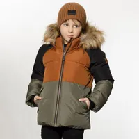 Colorblock Hooded Faux-Fur Winter Puffer Parka Khaki and Brown