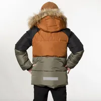 Colorblock Hooded Faux-Fur Winter Puffer Parka Khaki and Brown