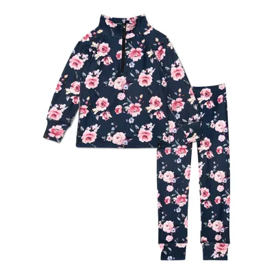 Two Piece Thermal Underwear Navy With Printed Roses