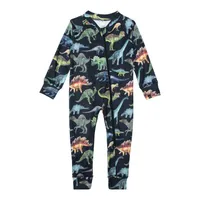 One Piece Thermal Underwear Black With Dinosaur Print