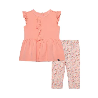 Organic Cotton Printed Tunic & Leggings Set Peach Pink Little Flowers