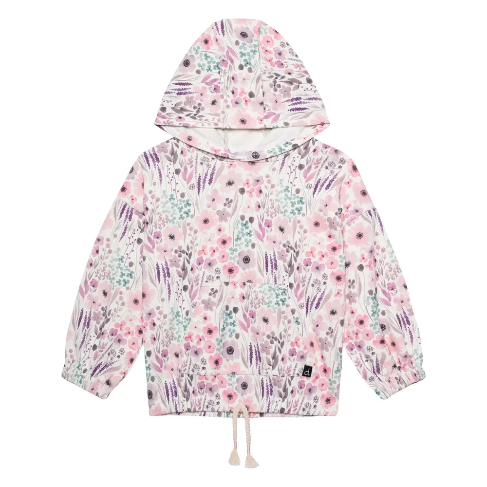 Printed Long Sleeve Hooded Sweatshirt Pink Watercolor Flowers